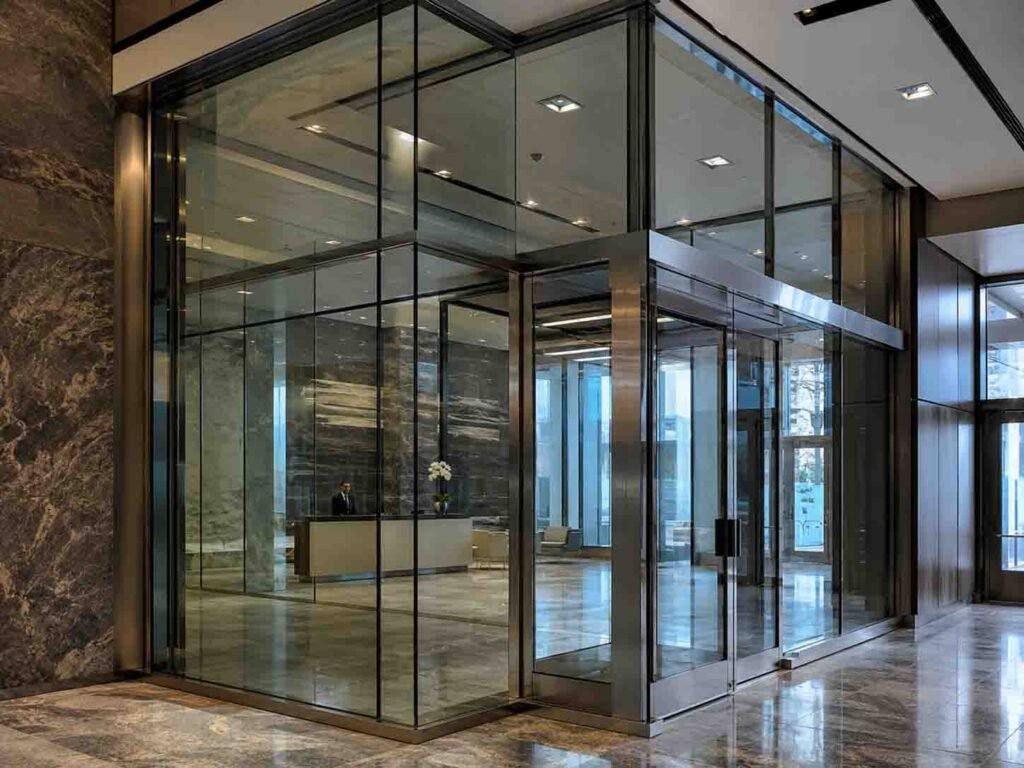 Laminated safety glass curtain wall for commercial building