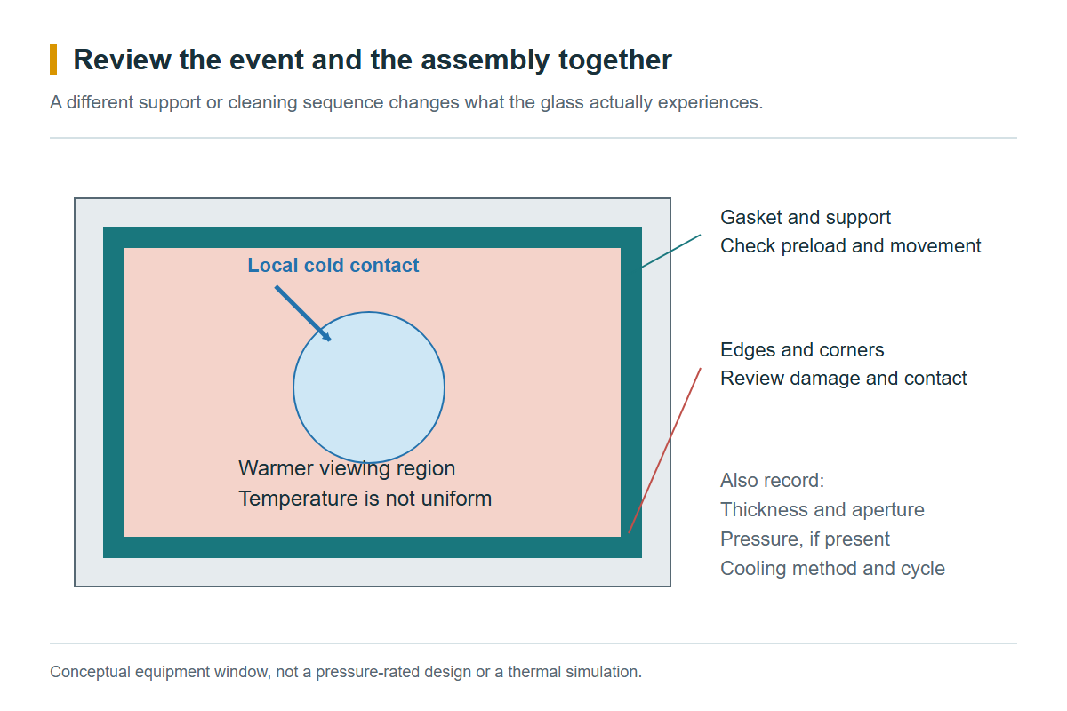 Engineering review schematic showing local cold-liquid contact, a warm viewing region, protected edges and a gasketed support around a glass window.