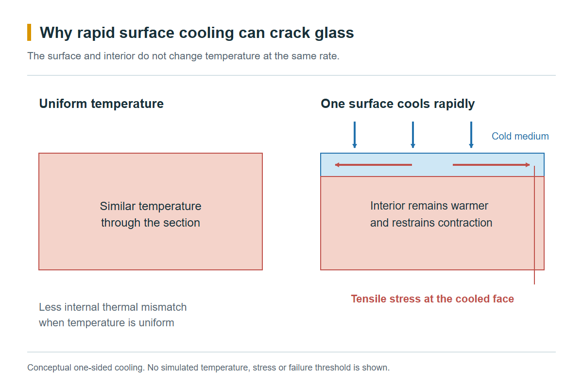 Conceptual cross sections contrasting uniform glass temperature with rapid cooling of one surface, showing a cool tensile surface and a warmer interior.