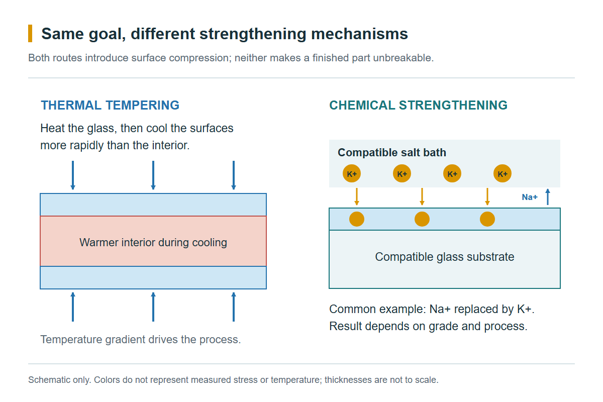 Thermal tempering by surface cooling and chemical strengthening by ion exchange, shown as separate process mechanisms